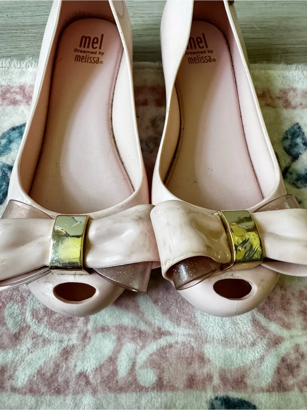 Mini Melissa Blush Pink Jelly Flats with Gold Bow